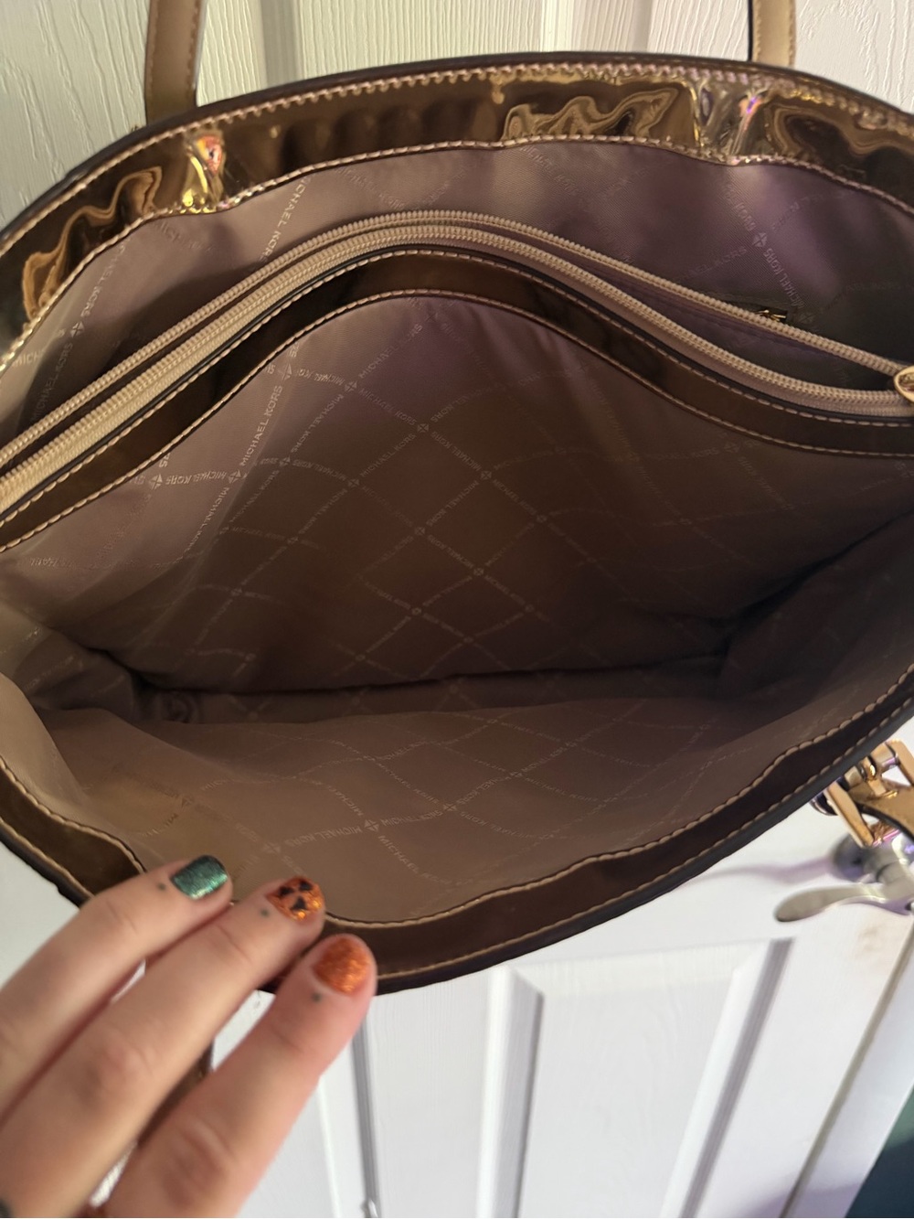 Michael Kors Iridescent Metallic MK-Embossed Tote - Picture 9 of 14